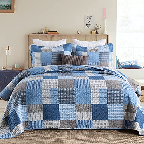 Image of PANGUSHAN King Size Quilt Set,100% Cotton King Quilt Bedding Set Bedspread,Patchwork Plaid Quilt Bedspreads for King Bed,Navy Blue /Blue Reversible Lightweight Comforter Bed Set,All Season,3 Pieces