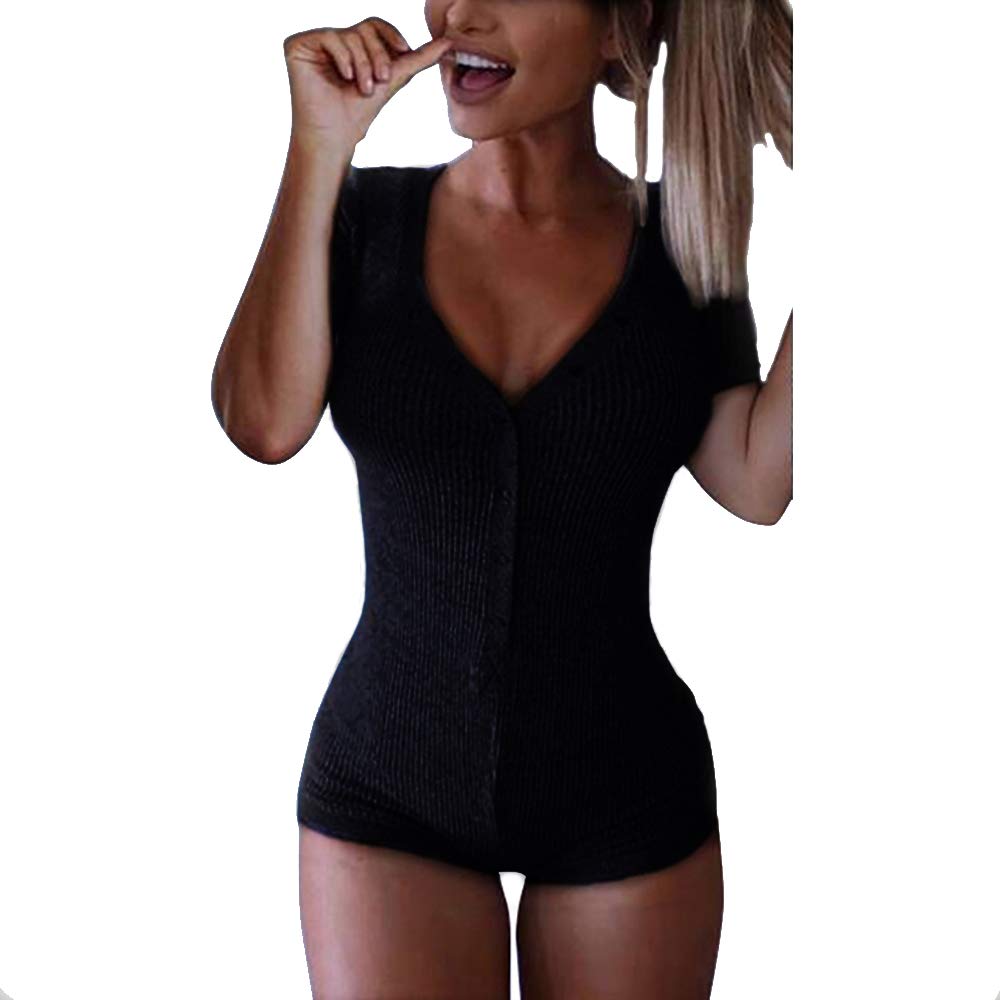 Roselux Women's Sexy Deep V Neck Shorts Short Sleeve Knitted One Piece Bodysuit Sexy Pajama Onesie Bodycon Rompers Overall
