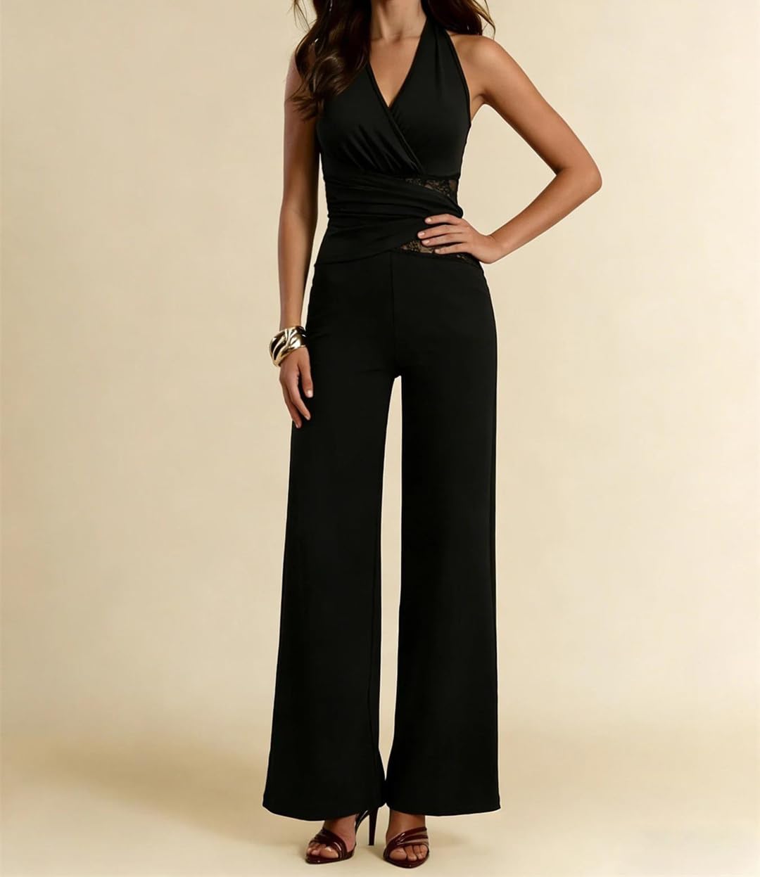 Yeuyyben Enterizo de encaje con cuello en V y pierna ancha para mujer, informal, elegante, para fiesta, verano
