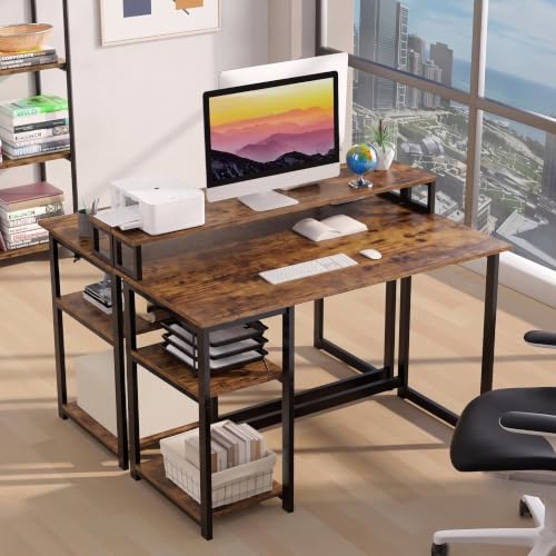 Image of Study Table with Monitor Stand| Small Home Office Desk with Ergonomic Monitor Stand| Reversible Computer Desk| Modern Study Desk| Laptop Desk| Rustic Brown| 150x60x75 CM