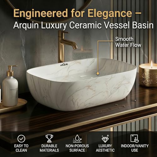 Image of ARQUIN Wash Basin for Bathroom Table Top Washbasin, Countertop Basin | Ceramic Washbasin Bathroom,Hotel | Living Room | Office Vanity Wash Basin (17.91x12.8 x5.31 Inch)