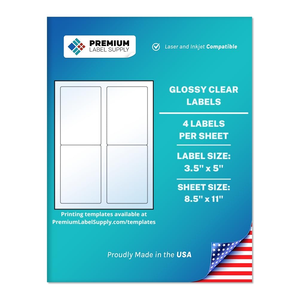 Premium Label Supply Glänzende transparente Etiketten, 8,9 x 12,7 cm, Laser-/Tintenstrahl-kompatibel, 4 Etiketten/Blatt), 10 Blatt, insgesamt 40 selbstklebende Etiketten