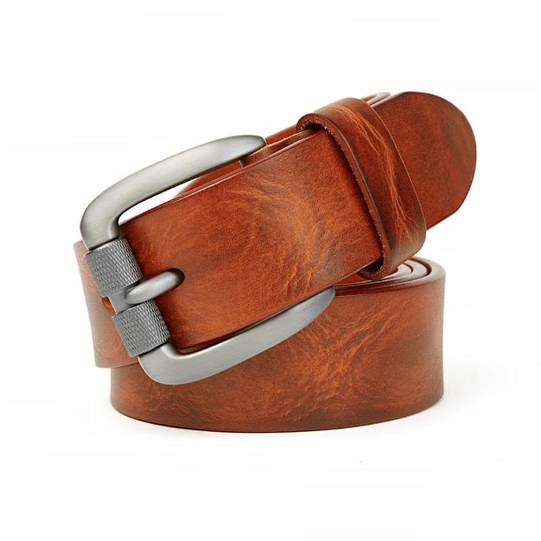 Yeuyyben Cinturón de piel auténtica para hombre con hebilla de pin, estilo vintage, casual, de negocios, para jeans