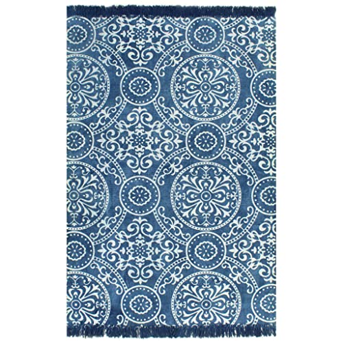 vidaXL Tapis Kilim Coton 120x180 cm Motif Bleu Salon Chambre à Coucher Carpet