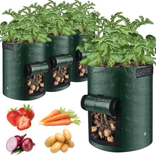 LIIGOU Potato Grow Bags 4 Pack 10 Gallon Heavy Duty PE Plant Growing Bags with Handles Reusable Vegetable Grow Bags for Potatoes Tomatoes Carrots Garden Patio & Balcony