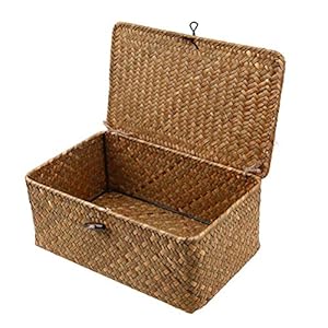 Esoes Wicker Storage Basket Woven Rattan Storage Box With Lids Seagrass Laundry Baskets Makeup Organizer For Bathroom, Living Room, Kitchen (S)