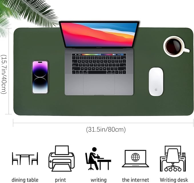 Image of AROPANA Vegan Leather Desk Mat | Large Reversible Mouse Pad & Computer Table Protector | Dual-Side Waterproof Extended Laptop Pad with Edge-Stitched Design (80x40CM, Deep Green & Grey)