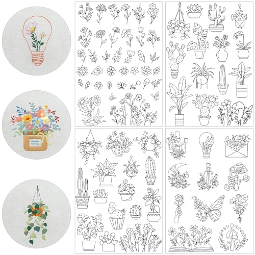 Stick & Stitch Embroidery Designs - Stick & Stitch Embroidery Paper Wash Away, 4 Sheet Water Soluble Stabilizer for Embroidery, Flower Plant Cactus Butterfly Moon, Suprise for Hand Sewing Lover