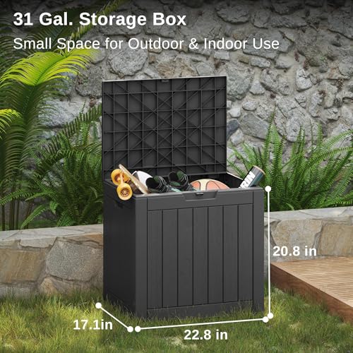 Heyruidy Outdoor Storage Box, 31 Gallon Deck Box Indoor and Outdoor Use, Waterproof Resin Storage Bin for Package Delivery, Patio Cushions, Gardening Tools, Lockable, UV Resistant