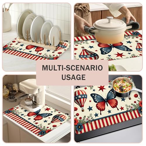 Image of Flag Floral Butterfly Stove Top Covers Pad 28 x 20 inches Dish Drying Mat Coffee Bar Mats Kitchen Decor Absorbent Pad Fit Coffee Maker Machine Dish Drying