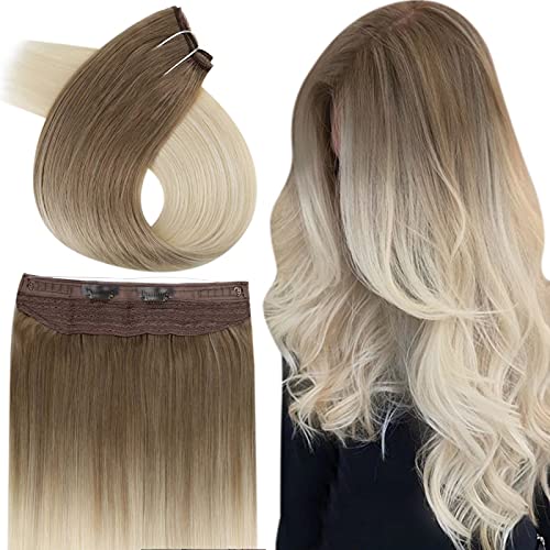 Easyouth Ombre Wire Hair Extensions Color Ash Brown Fading to Platinum Blonde One Piece Fish Wire Human Hair Extensions Invisible Crown Remy Hair Extensions 18Inch 80g