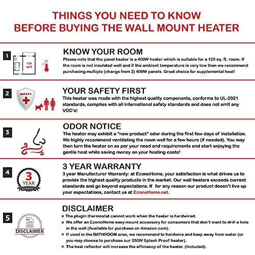 Econohome Wall Mount Smart Space Heater Panel, Wifi Thermostat, Glass Heat Guard Cover, 400W Convection Heater, For 120 Sqft Room, 120V #TOP3
