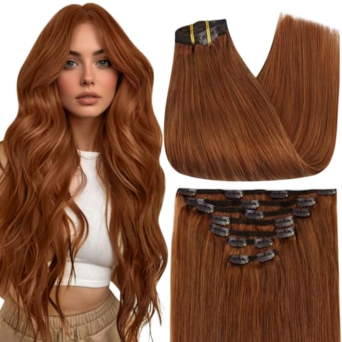 Full Shine Copper Human Hair Clip in Extensions 18 Inch Copper Orange Hair Extensions Clip ins Invisible Remy Hair Extensions Straight for Raving 7 Pcs 120g