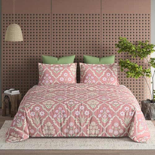 Image of DECOMIZER Glace Cotton King Size AC Comforter - Blanket & Duvet with 1 King Size Elastic Fitted Bedsheet 72 inchX78 inch & 2 Pillow Covers - 4 Piece Comforter Set - Pink Jaipuri-300 TC Super Soft