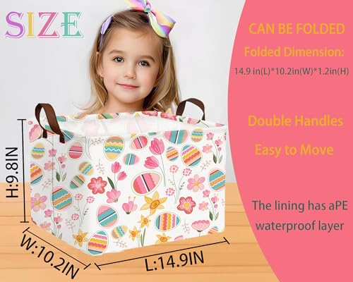 Image of Large Rectangular Easter Baskets Empty Waterproof Boy Toy Box Foldable Kid's Gifts Storage Bin Spring Room Decor(Tulip Flower Egg)