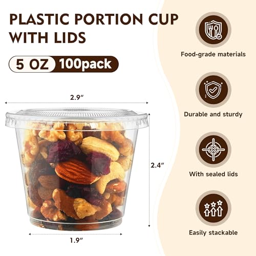 Image of YEEHAW 100 Sets - 5 oz Jello Shot Cups with Lids, Portion Cups, Clear Disposable Plastic Jello Shot Cups for Meal Prep, Salad Dressing, Souffle, Portion Containers