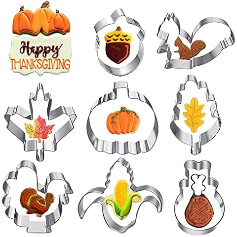 8 Pcs Fall Thanksgiving Large Cookie Cutters Set Pumpkin, Turkey, Maple Leaf, Oak Leaf, Turkey Leg, Squirrel and Acorn, Corn - Stainless Steel Biscuit Fondant Cutters Autumn Cover