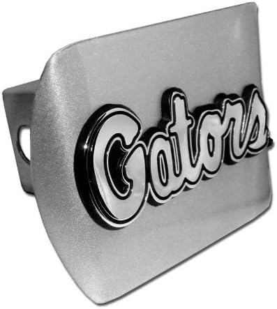 University of Florida Gators "Brushed Silver with Chrome Gators Script Emblem" Trailer Hitch Cover Fits 2 Inch Auto Car Truck Receiver with NCAA College Sports Logo