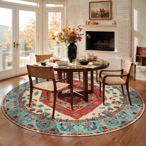 SERISSA Boho Round Area Rug, 6ft Washable Non-Slip Circle Rug, Ultra Soft Oriental Vintage Orange Low-Pile Circular Carpet for Bedroom Entryway Kids Room Office College Dorm Living Room