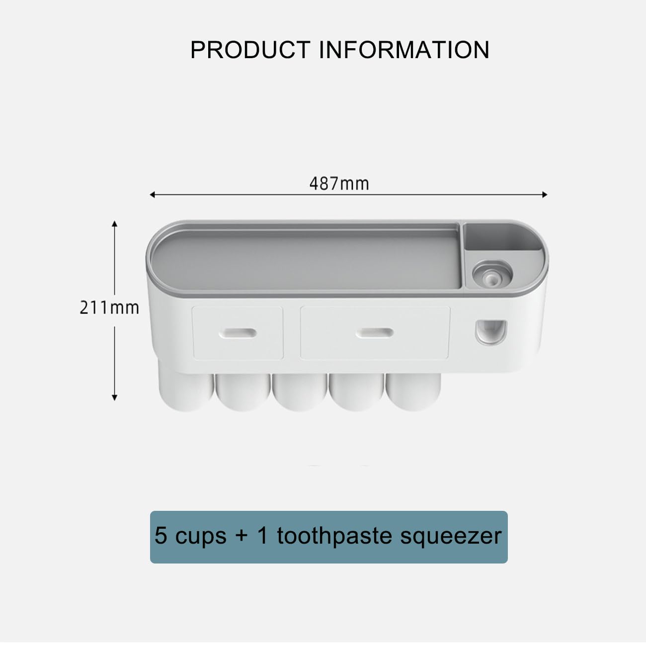 Zahnbürstenhalter Wand Mit Zahnpastaspender, Großer Kapazität Mit Kosmetik-Organizer-Schublade,Pinselschlitzen, Magnetischen Bechern Für Große Familien,Grau,5 Cups