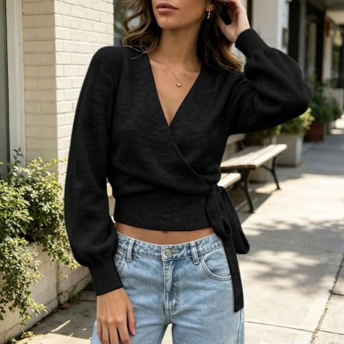 Aniywn Wrap Sweater For Women Cropped Knit Pullover V Neck Tie Waist Top - image 3