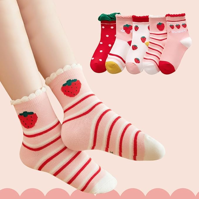 SoxLife Kids Cotton Socks, Pack of 5, Cartoon Designs, Ages 6-8 Years, Unisex (IN, Age, 6 Years, 8 Years, Milk Strawberry) - Image 4 thumbnail