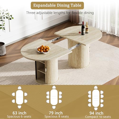 Image of 63 inch-94 inch Large Oval Extendable Dining Table for 6 8 10, Faux Travertine Expandable Kitchen Table with Fluted Cylindrical Storage Base, Modern Farmhouse Expanding Table for Dinner Party Family Gathering
