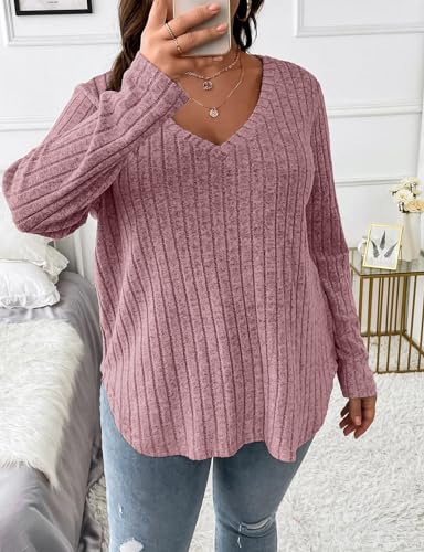 Koscacy Women Plus Size Casual Knit Sweater V Neck Solid Color Tops Lightweight Long Sleeve Blouses3