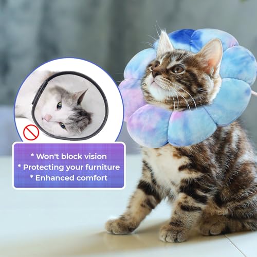 Image of Flower Cat Cone, Uadonile Adjustable Cat Cone Collar, Soft Dog Elizabethan Collar Recovery E Collar After Surgery, Recovery E-Collar for Kittens /Puppies and Cats Recovery(Tie-dye Purple Blue, S)