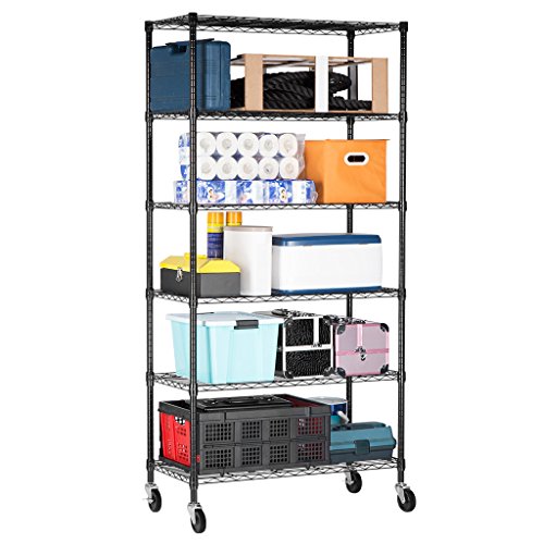 LANGRIA 6 Tier Storage Shelf Garage Shelving Units on Wheels, Free Standing Storage Rack Metal Shelves, Heavy Duty Extra Large for Garage Kitchen, Max Load 661 lbs, Black