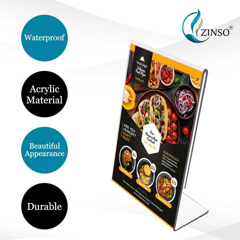 Image of ZINSO A6 L-Shaped Acrylic Sign Holder Portrait Style Menu Ad Frame Display Stand Table Top Perfect for Restaurants, Promotions, Photo Frames, Classroom (5PC)