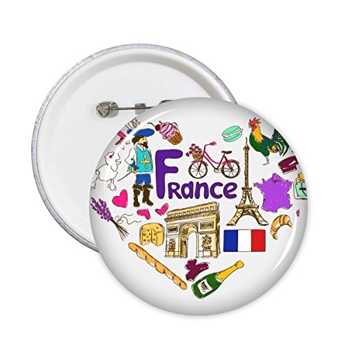 Pin's motif France et coeur lot de 5 badges ronds taille M avec épingle de fixation sécurisée