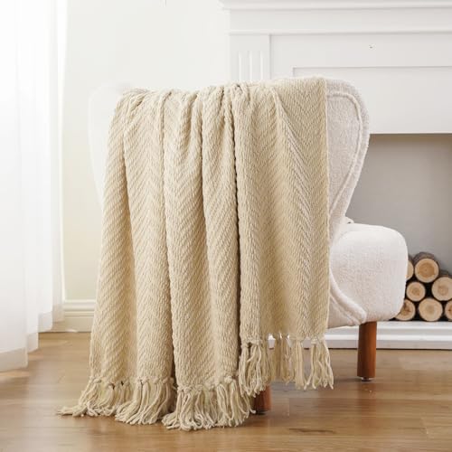 Image of BATTILO HOME Beige Throw Blanket for Couch, Knitted Beige Throw for Bed, Neutral Throw Blankets Tan Throw Blanket for Room Decor Housewarming Gifts, 50 inch x 60 inch