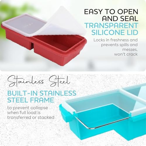 Image of Silicone Freezer Tray With Lid-Soup Freezer Container molds-Large Ice Cube Tray Set Makes 1-Cup & 2-Cup portions cubes Perfect for preparing meals in different portion sizes Oven & Dishwasher -Safe