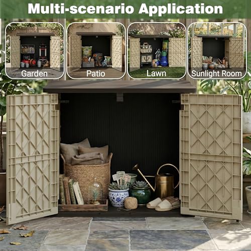 Image of LHBcraft Waterproof Outdoor Storage Box 36 Cu Ft with Lockable Doors, Portable Outdoor Storage Box, Horizontal Outdoor Storage Cabinet for Backyards, Brown-Beige