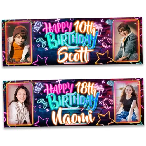 2 Personalised birthday banner photo neon theme balloon hearts man woman kids children boy girl gift party decoration-1st 10th 18th 21st 30th 40th 50th