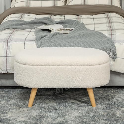Image of Upholstered Ottoman Storage Bench, Premium Boucle Fabric, Heavy Duty 120 Kg Load Capacity, Multipurpose Seating for Living Room & Bedroom, Off White