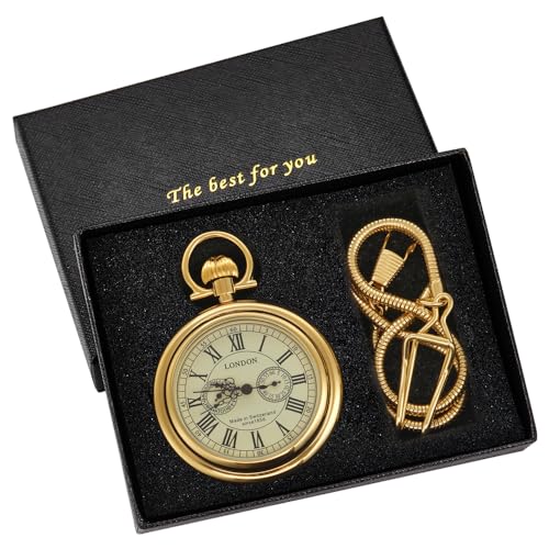 Image of London Pocket Watch Steampunk Mechanical Hand-Wind London Mens Watches with Chains & Boxs, 011-gold, PJX011