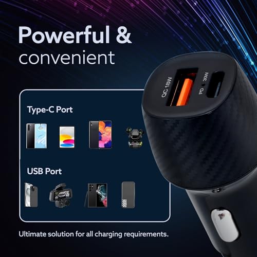 Image of AGARO Pulse Car Charger, Dual Port with 51W Fast Car Charger with Dual Output (33W Pd Type C Port + 18W USB A Port), Fast Charging, for Smartphones, iPhones, Tablets, Earbuds & More - Black