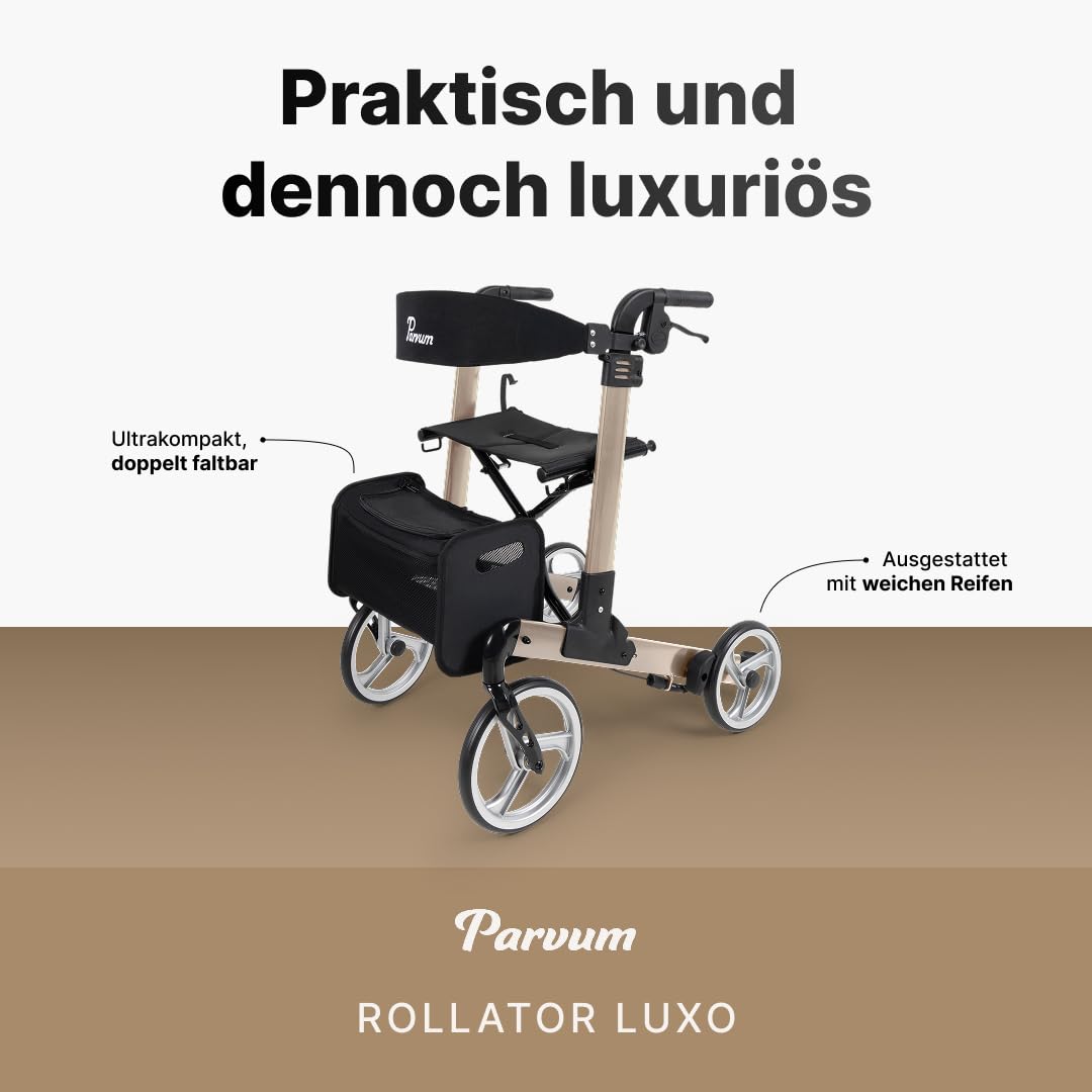 Luxo Rollator - Leicht & 2-fach faltbar – Mit integriertem Bremssystem, gepolsterter Sitz- und Rückenlehne, Tasche, Stockhalter – 6,9 kg – Gehhilfe für Senioren 160-182 cm - Champagner, Medium
