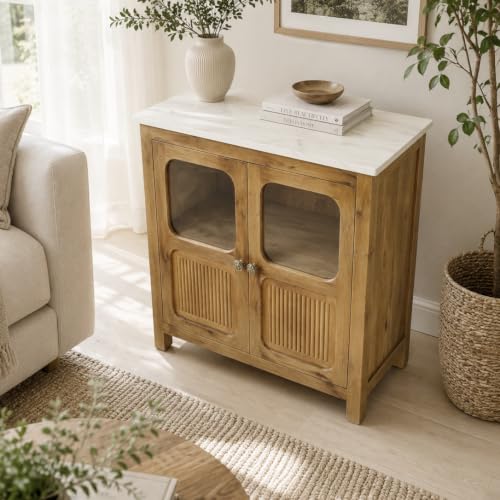 Image of The Attic Crestwood Solid Wood Two Door Sideboard Cabinet with Glass Doors | Storage & Display Cabinet for Living Room & Dining Room | Handcrafted Mango Wood, Light Teak Finish
