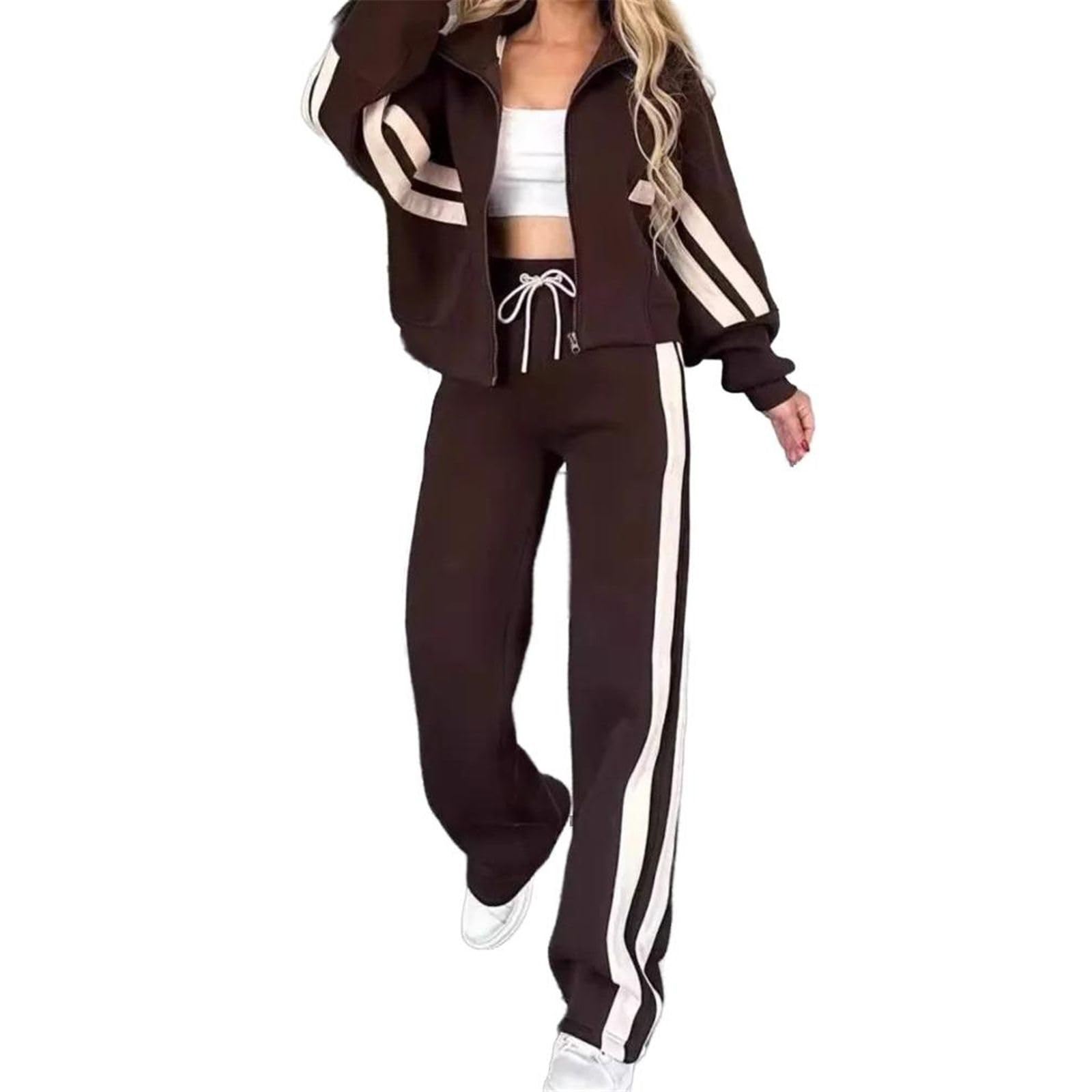 Ensemble 2 pièces sport pour femme, sweat rayé à capuche et pantalon large décontracté