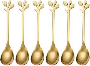 PIVHWIR Mini Espresso Spoon, Coffee Spoon with Leaf Handle, Dessert Teaspoons Small Soup Spoons, Stainless Steel 4.72 inch Stirring Spoons (6 Pcs,Gold)
