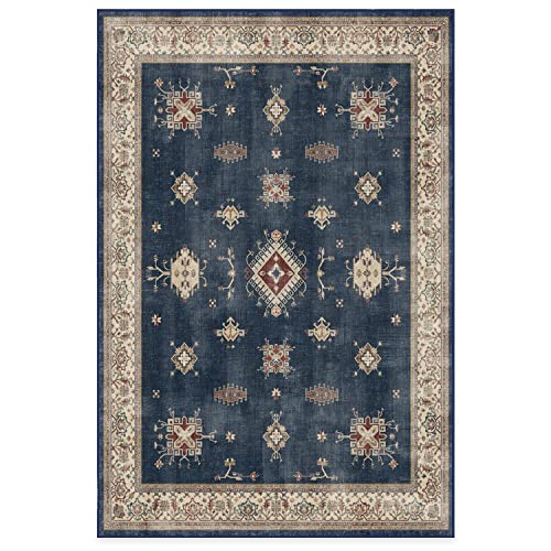 RUGGABLE Washable Vintage Area Rug – Verena Sapphire 6x9, Stain-Resistant, Non-Slip with Standard Pad – Medium Machine Washable Rugs for Living Room, Bedroom, Hallway, Entryway & Office
