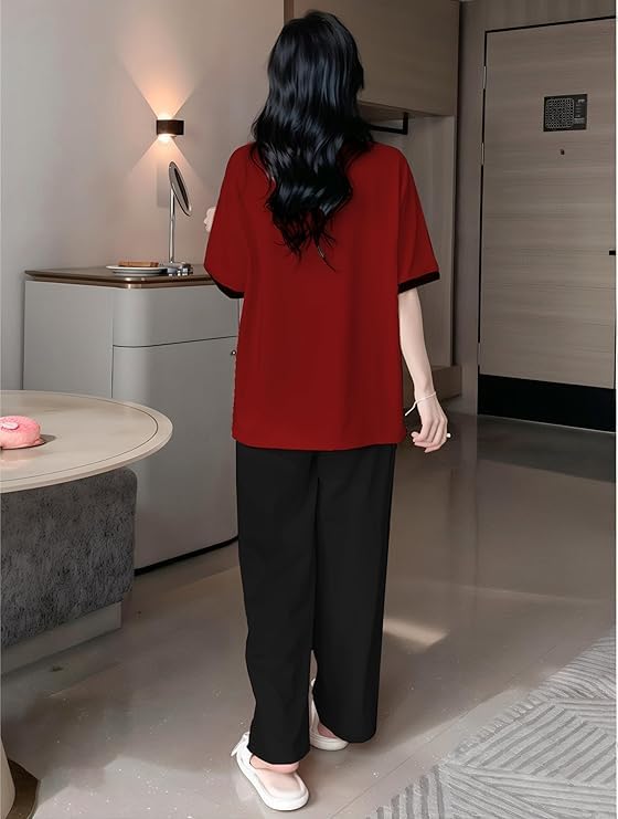 Image of KSHS Printed Round Neck Short Sleeve Nightsuit Set | Pajama Set | Casual Night Dress for Women