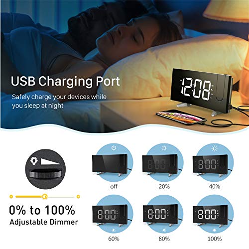 PICTEK Projection Digital Clock Radio for Bedrooms Ceiling with USB Phone Charger, 5'' Large Curved LED Display, 6 Dimmer, Dual Alarms with 4 Sounds, Snooze, 1.white - Thumbnail 3