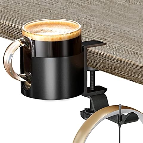 Barafat Desk Cup Holder, 2-in-1 Anti-Spill Cup Holder Clamp with Rotatable Headphone Hanger, Home Office Coffee Water Organizer Table Cup Clip Perfect for Workstations, Gaming Desk, Wheelchairs Cover