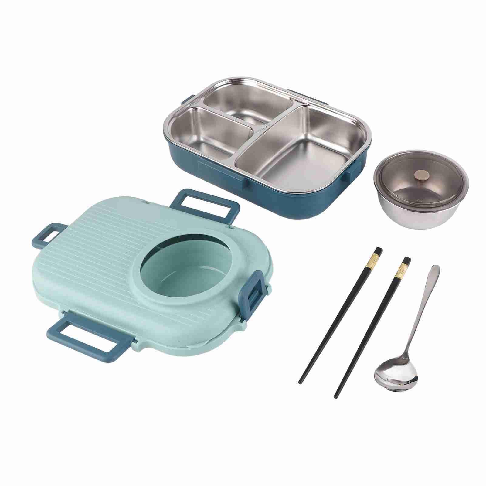 Boîte à Déjeuner, Boîte à Déjeuner Thermique en Acier Inoxydable 304 avec Cuillère, Baguettes et Bol à Soupe Double Couche 3 Compartiments de Stockage des Aliments, (BLUE)