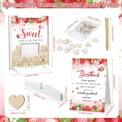 Image of Beeveer 65 Pcs Strawberry Baby Shower Guest Book Alternatives Baby Shower Sign in Guest Book Decoration with 1 Photo Frame 60 Heart Wood Slices for 60 Guests Strawberry Sonogram Frame Keepsake