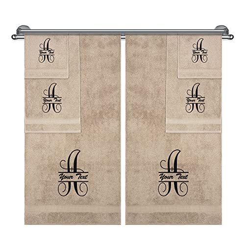 Monogrammed Towel Set, Hotel & Spa Quality, Super Soft, Highly Absorbent, Bathroom Sets, 100% Cotton Personalized 6 Piece Towel Set, Includes 2 Bath Towels, 2 Hand Towels, 2 Washcloths, Beige